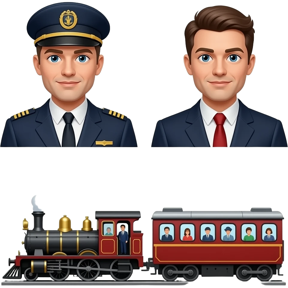 Print text: "The little train that couldn't, don't run out of steam at SteamWorks". Image of Gay leatherman train conductor, gay leatherman passengers on the little train that couldn't. emoji