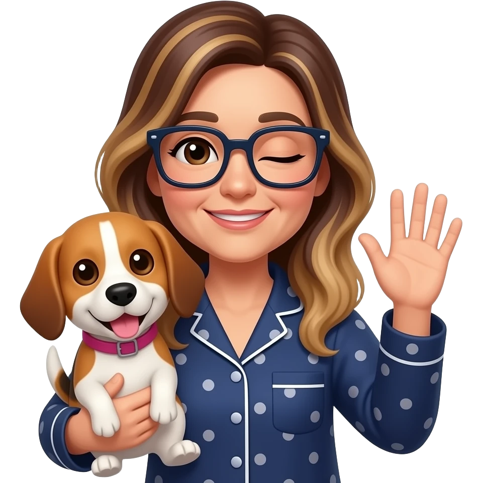 50-year-old sleepy woman with dark brown eyes,  long brown balayage hair, parted on the left, with pale skin, with dark navy rectangular glasses, holding a beagle that looks happy. She is wearing a navy pajamas. The beagle has a pink collar. The woman is waving goodbye. There are Zzz above her head emoji