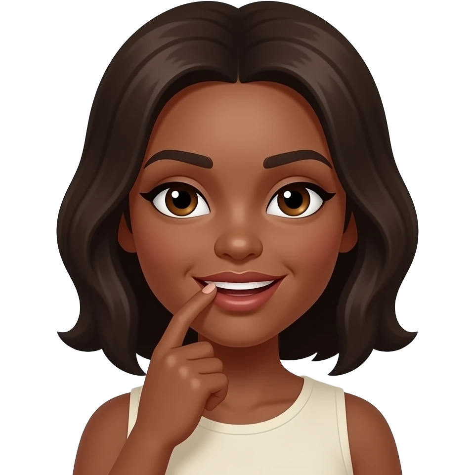 Woman with side eye biting pointer finger dark brown skin emoji