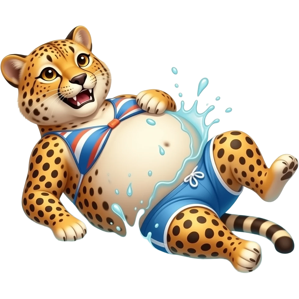 A cheetah enjoys beach holiday in her swimmers,but she is so full from a lunch break that she is about to burst,Then her fat Tummy rolls & drops out,she will just lay on her back in the shallow cool water,her gluttonous belly promotes a good resort business. emoji