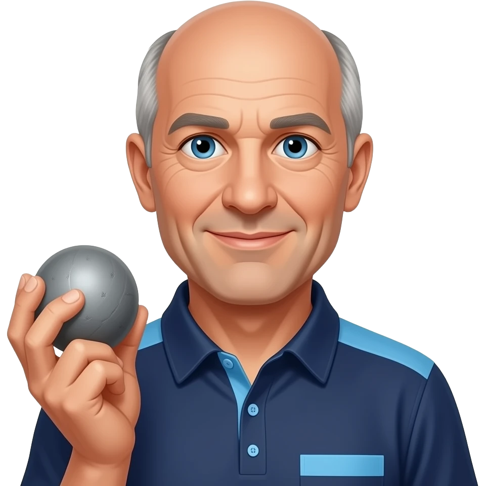 tête homme 60 ans yeux bleus sans cheveux avec boule de pétanque grise à la main sur maillot bleu foncé avec col trois boutons bleu clair avec épaules seules bleu clair coté droit Pétanque LIVERDUN, côté gauche "Péridon Paysage" emoji