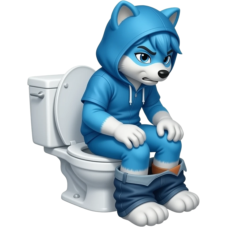blue fursuit sitting on toilet, side view, pants down, straining face emoji