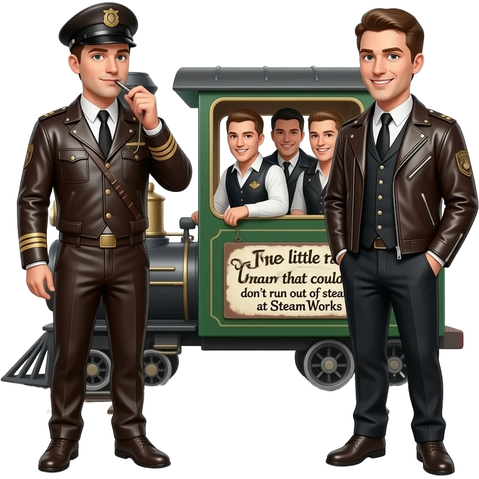 Print text: "The little train that couldn't, don't run out of steam at SteamWorks". Image of Gay leatherman train conductor, gay leatherman passengers on the little train that couldn't. emoji