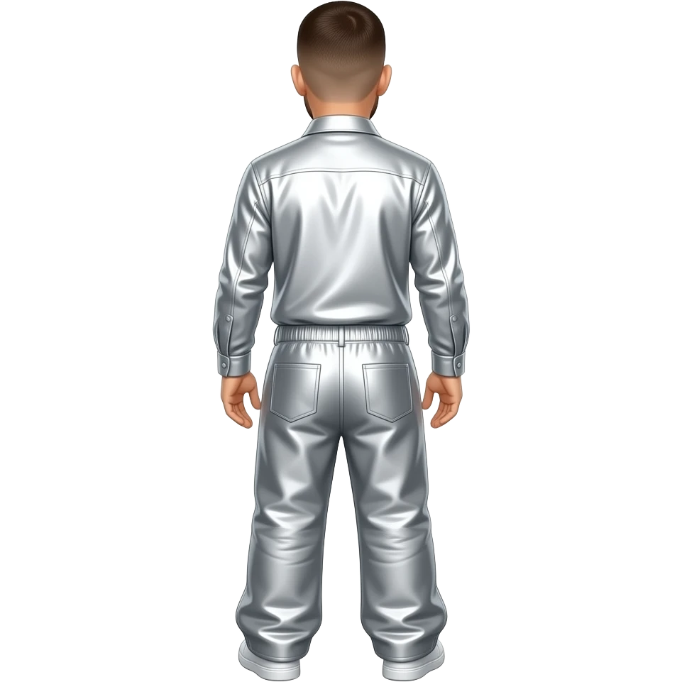 Eminem from behind with buzz cut hair, white metallic shirt, light grey metallic faux baggy pants emoji