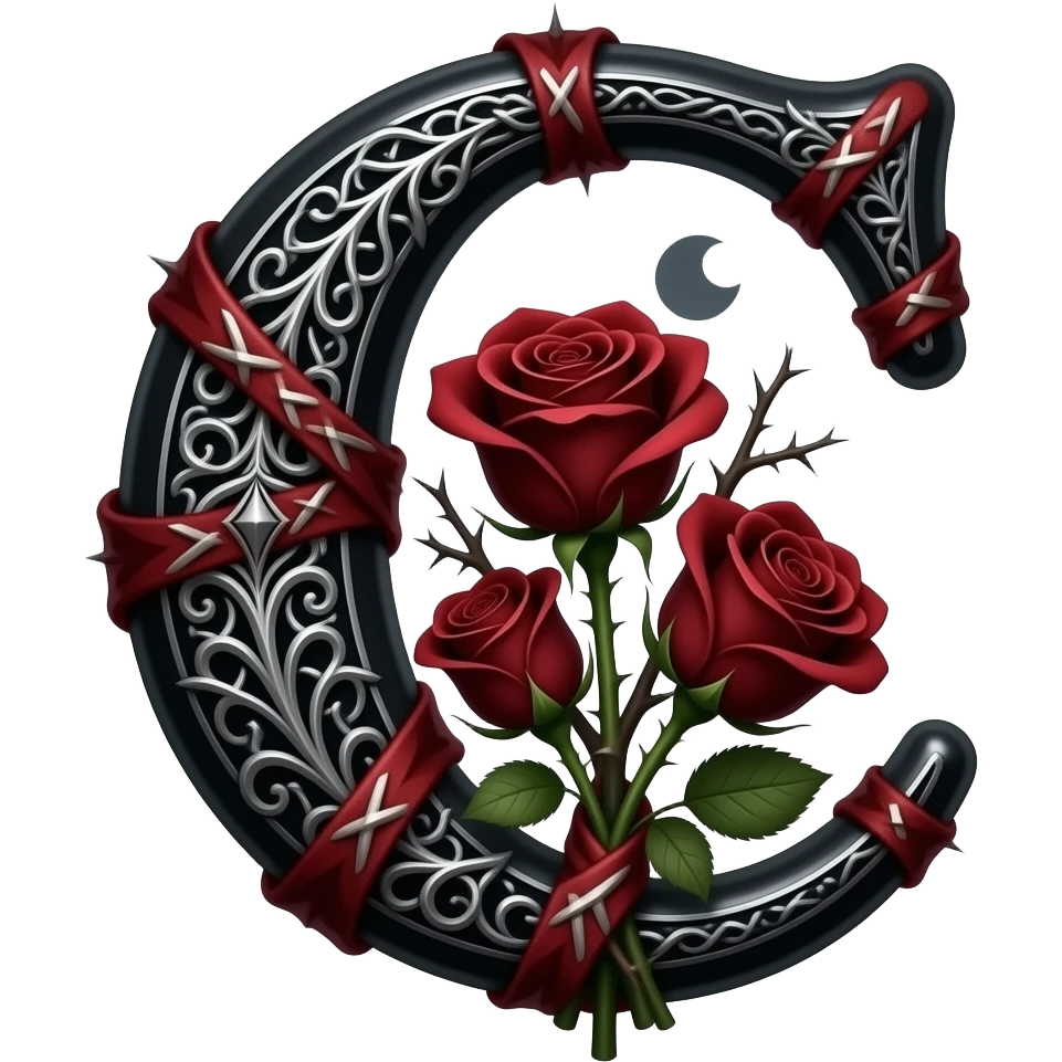 A heavy obsidian letter 'C' with silver filigree engraving. Deep red velvet roses with thorny stems wrap over the letter. Glowing moonlight effect, dark and moody atmosphere, deep glowing emoji