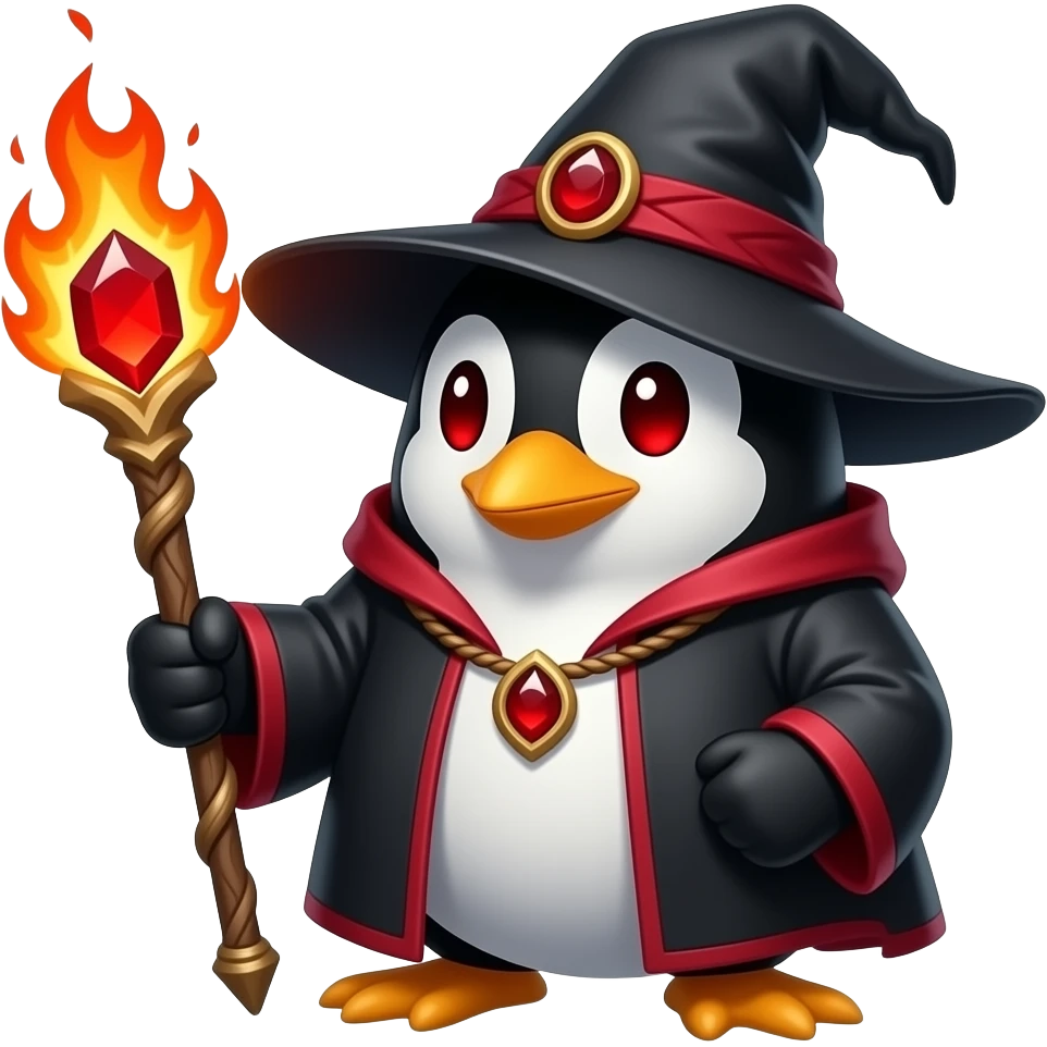 penguin fire wizard, fire elements red eyes, staff with firey red gem, black and red outfit emoji