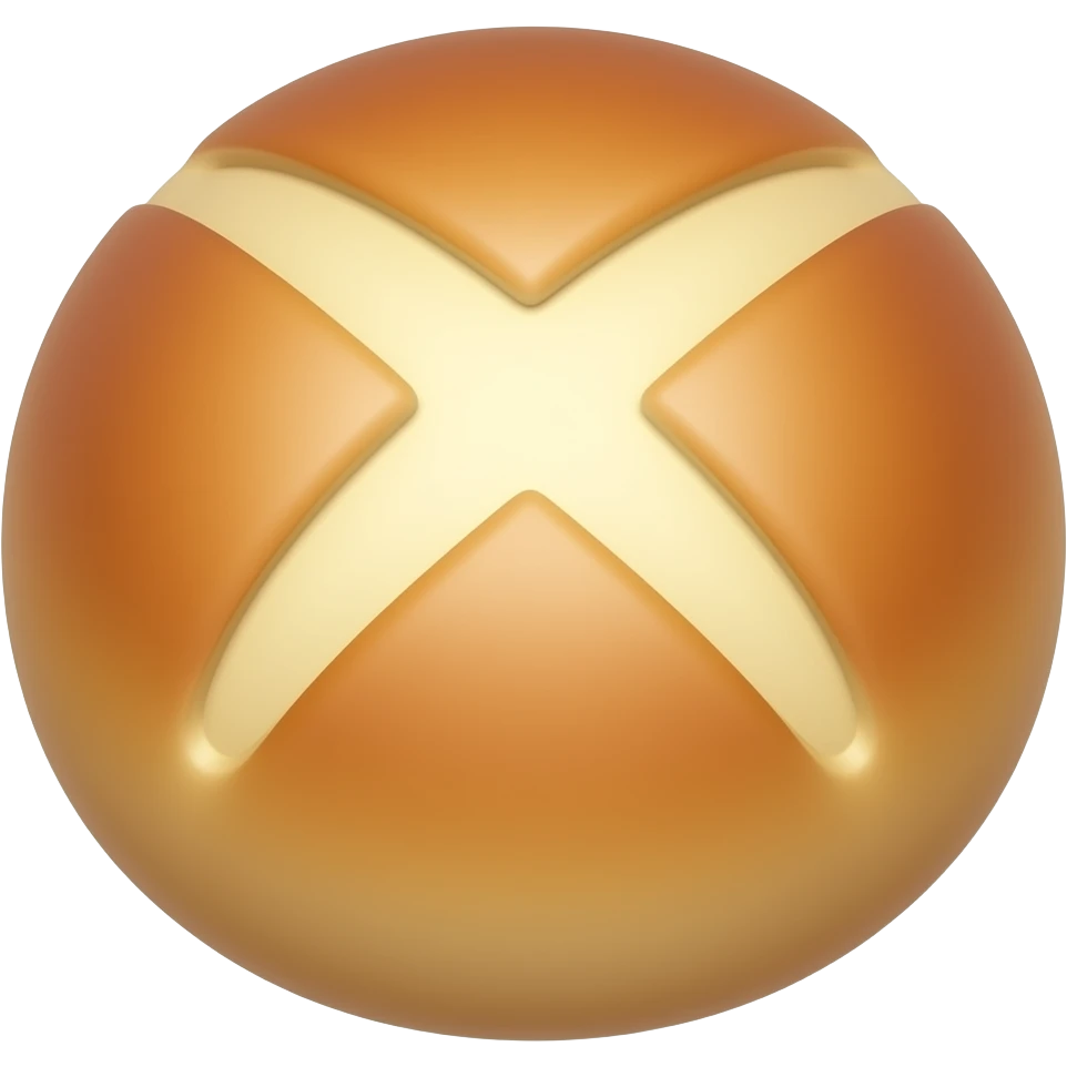 Okrągła bułka w stylu Apple Emoji, widok z góry, złocista i lekko błyszcząca, z dużym nacięciem w kształcie wygiętego „X” na środku, miękkie cieniowanie 3D, minimalistyczny clean emoji design, bez tła, transparent PNG. emoji