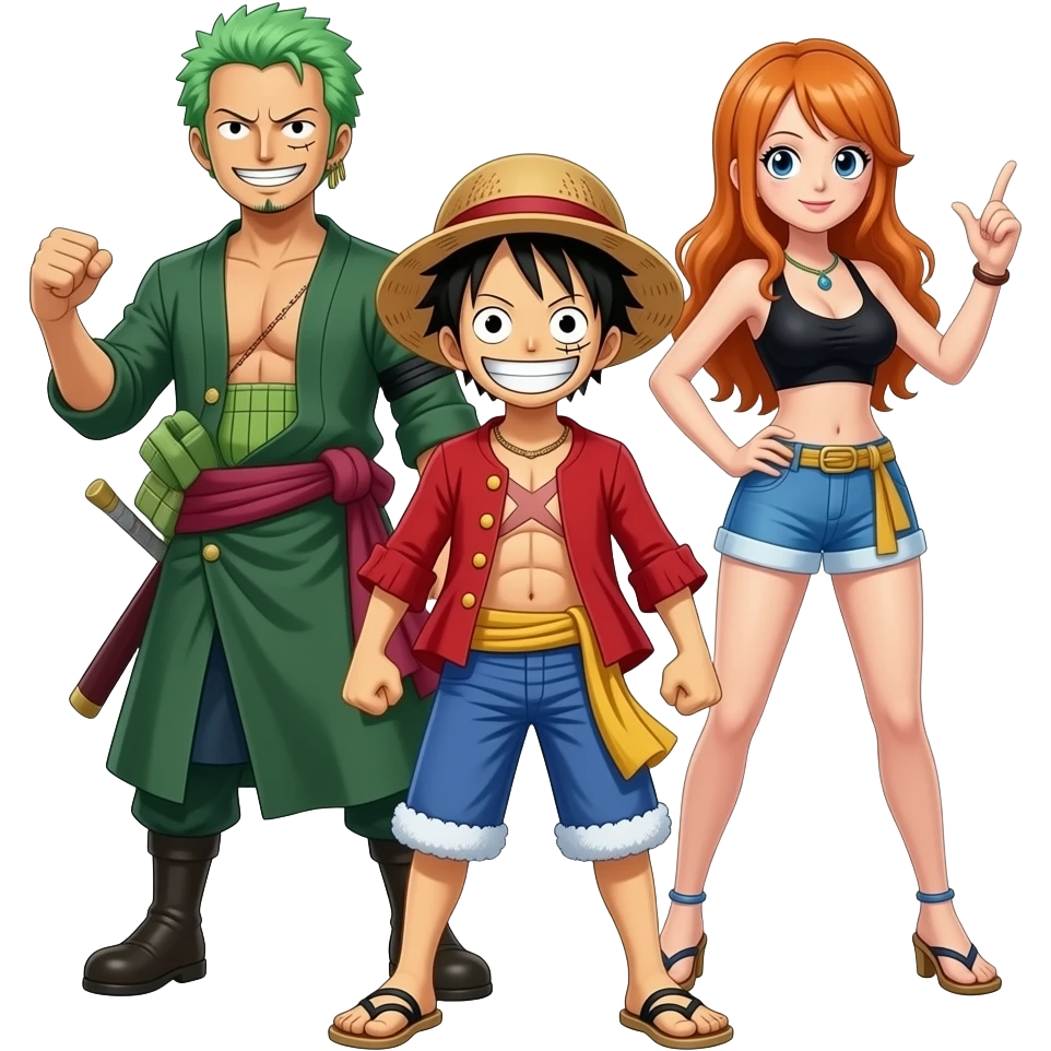 Luffy With zoro in the back only 1 zoro please and nami in the back too make it more realistic make it more like it looks in the one piece serie emoji
