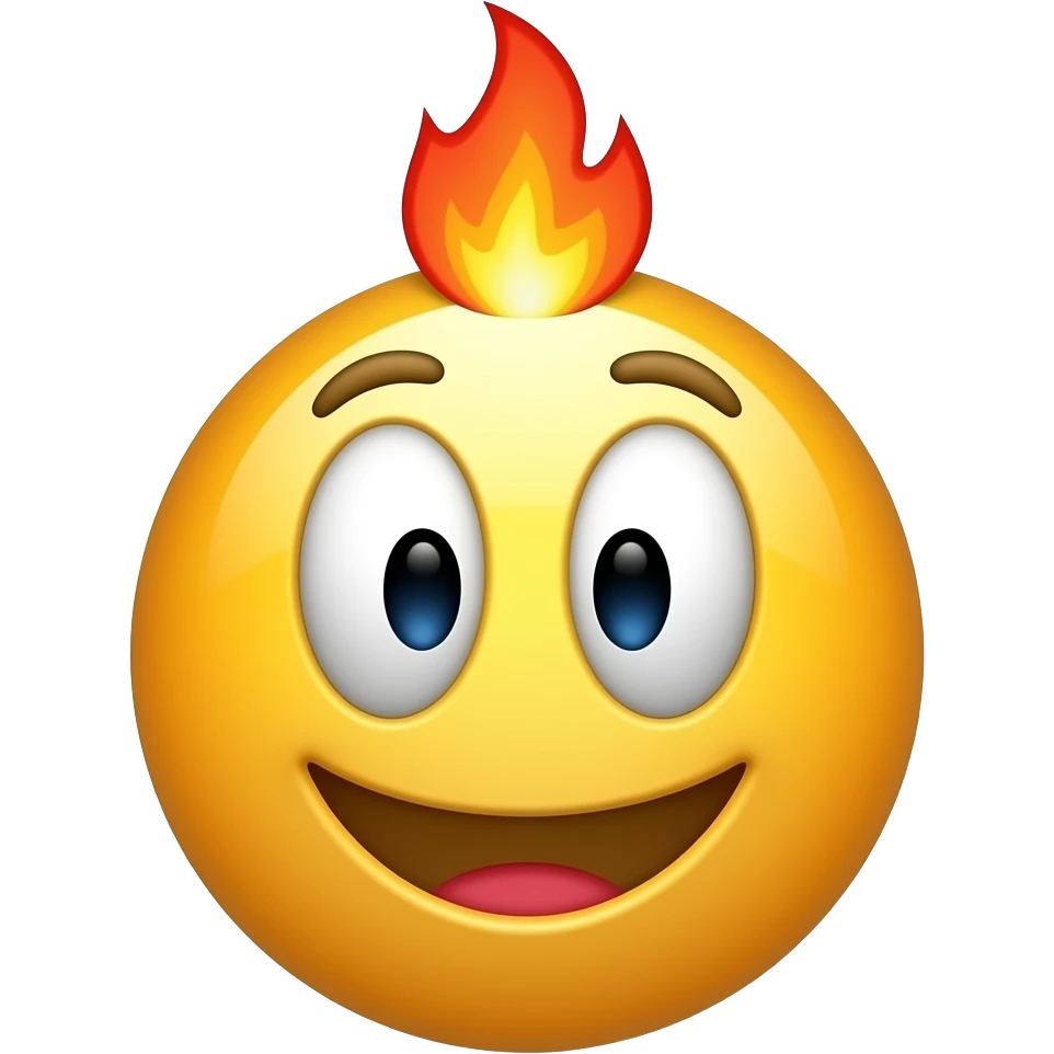 mouth from the smirking emoji, eyes from the smiley emoji, and the fire emoji connects to the top of the head, the whole thing is the classic yellow emoji style emoji