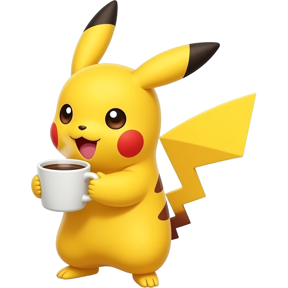 Pikachu, en train de boire un café qui dit dans une bulle n’importe quoi emoji