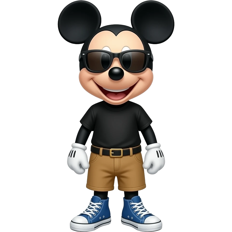 Mickey Mouse wearing black T-shirt, tan shorts and blue Converse All-Star shoes, Cool dark sunglasses, smiling happily. emoji