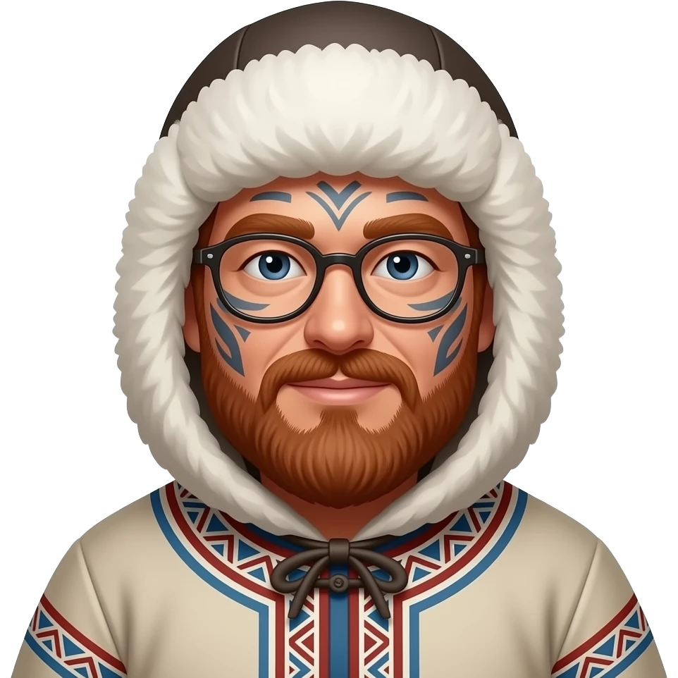 eskimo man with face tattooes, red beard, glassess and classic eskimo outfit with hat, just face emoji