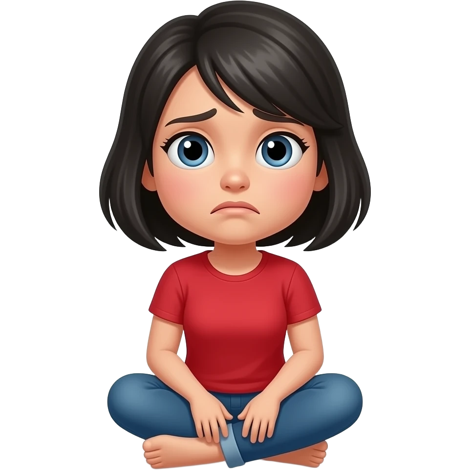 woman with black hair red shirt sitting on the ground worried emoji