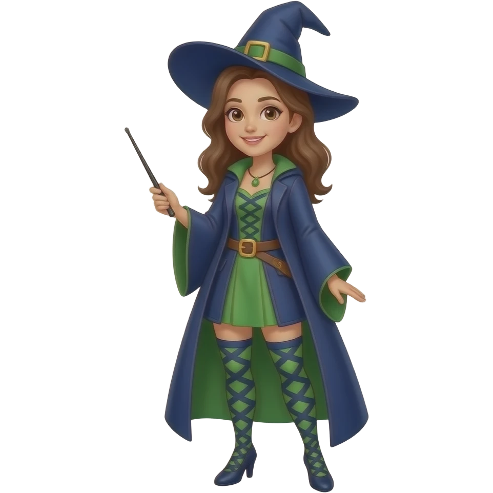 A full body White/Fair skinned woman with brown hair and brown eyes and wearing a Blue and green Witch outfit and holding a black wand. emoji