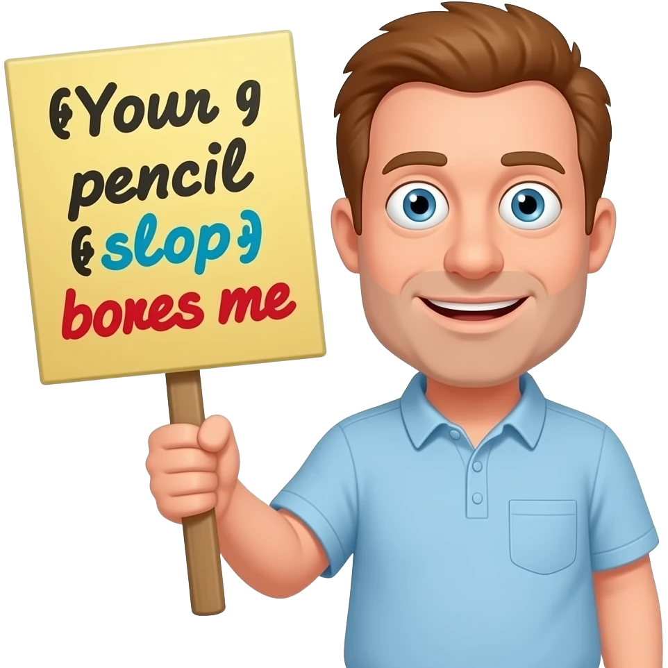 Peter griffin cartoon style holding up a sign saying, “Your pencil slop bores me” emoji