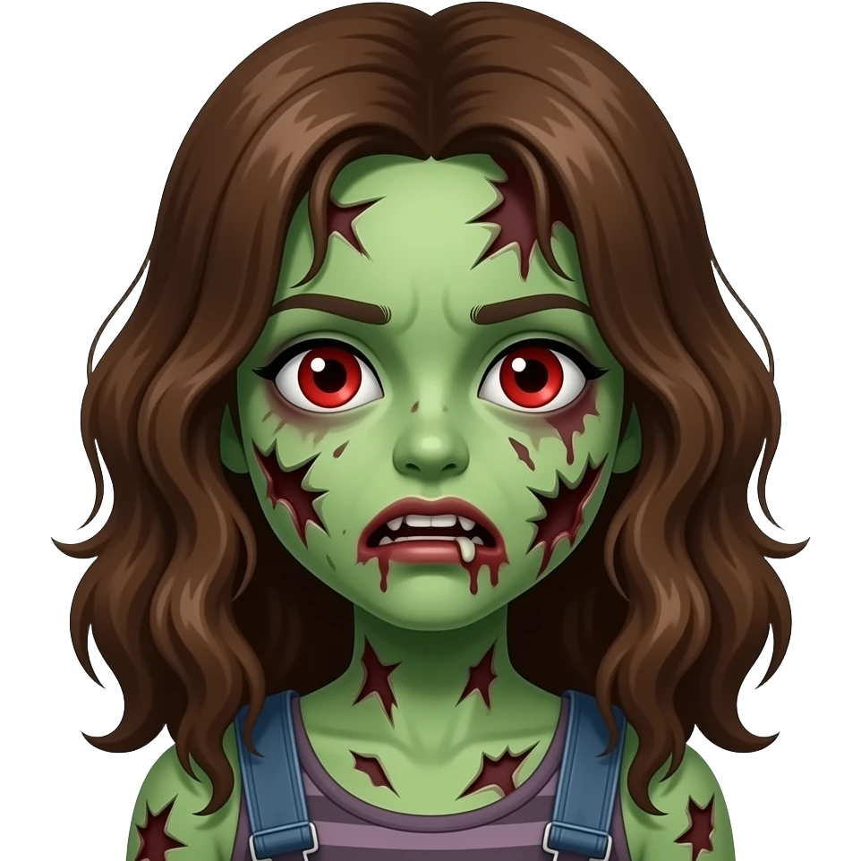 uma menina zumbi de pele verde e estragada com cabelo marrom ondulado e olhos vermelhos emoji