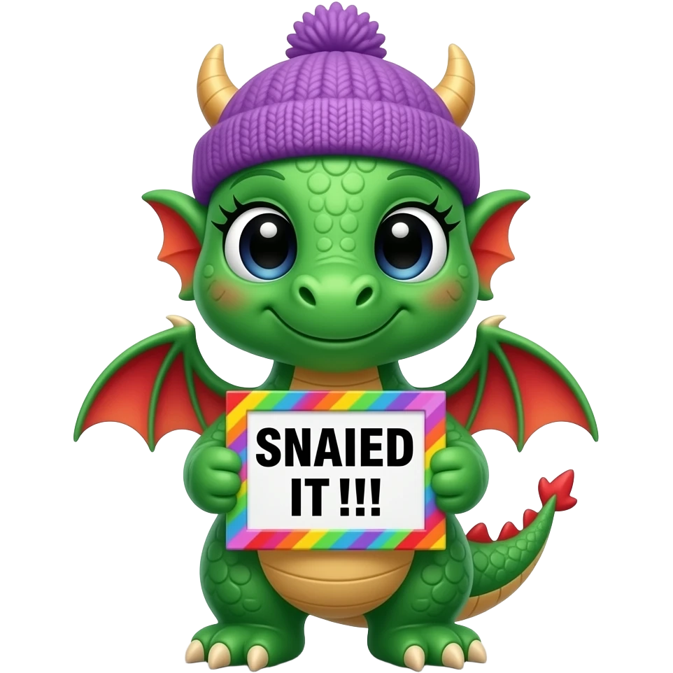 Create a super cute stuffed Animal which Looks Like a Dragon green and red gradient  facing front with big eyes and long eyelashes and with a purple winter hat holding a colorful multicolor zig zag frame sign with in front of its chest that says in a funny big black font "SNAILED IT!!!" emoji