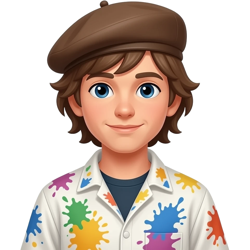 long hair boy artist with beret paint-splattered smock emoji