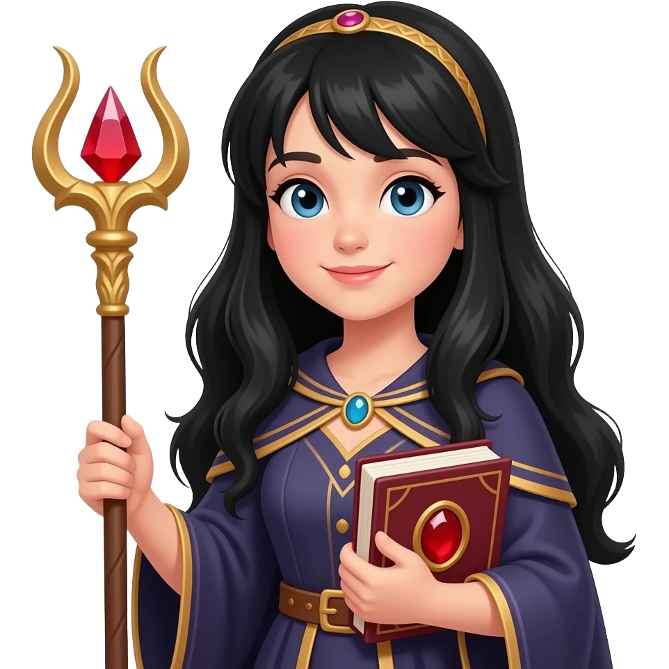 Create red ruby long blackhair girl holding a staff and a ưand and book emoji