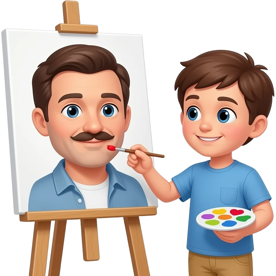 Vater (40) mit moustache und Sohn (22) malen zusammen ein Herz auf einer Staffelei emoji