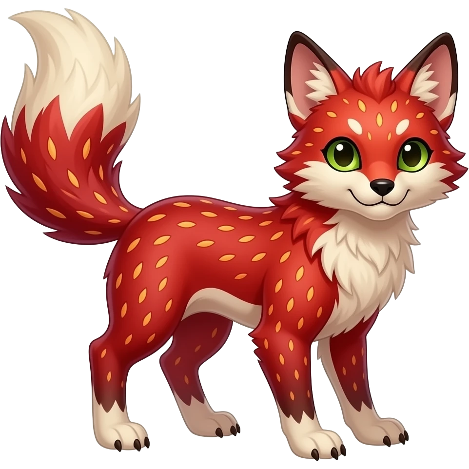 Feral Rare Fantasy vibrant tropical strawberry-colors-themed, red and sanguine, and lime-collred Vernid-Trico-species-creature by LiLaiRa, random markings, tufted tail, tufted ears, full body emoji