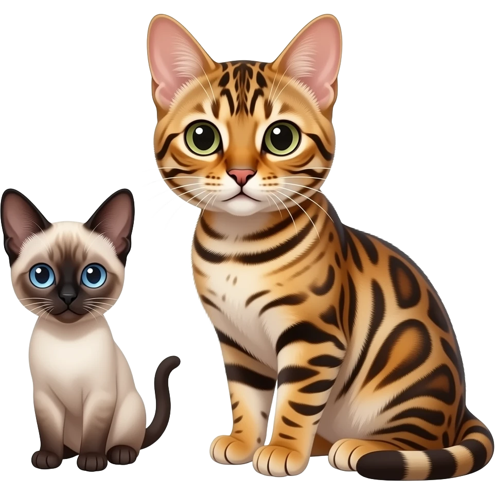 Small silver spotted Siamese kitten with big Bengal cat emoji
