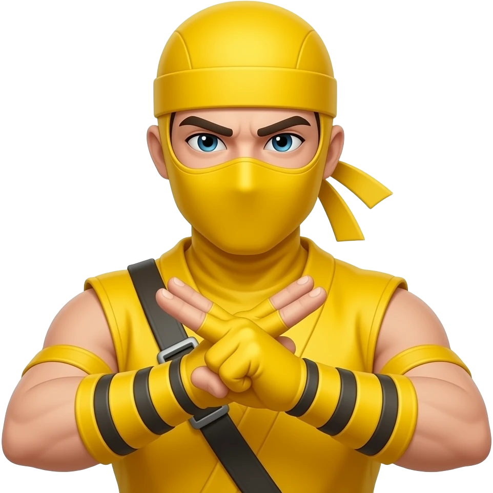Com essa roupa mais amarela 🥷🏻 fazendo esse sinal com a mão fechada fazendo um x com um ante-braço emoji
