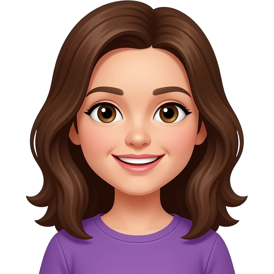 فتاة لون الشعر بني والملابس بنفسجي ولون العيون بني  مع ابتسامه emoji