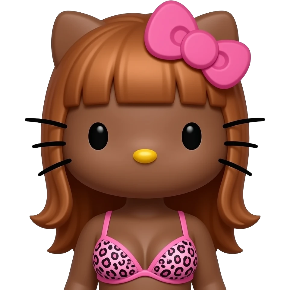 Big breast, Dark brown skin hello kitty girl, Black eyes, copper hair, with pink leopard print bra emoji