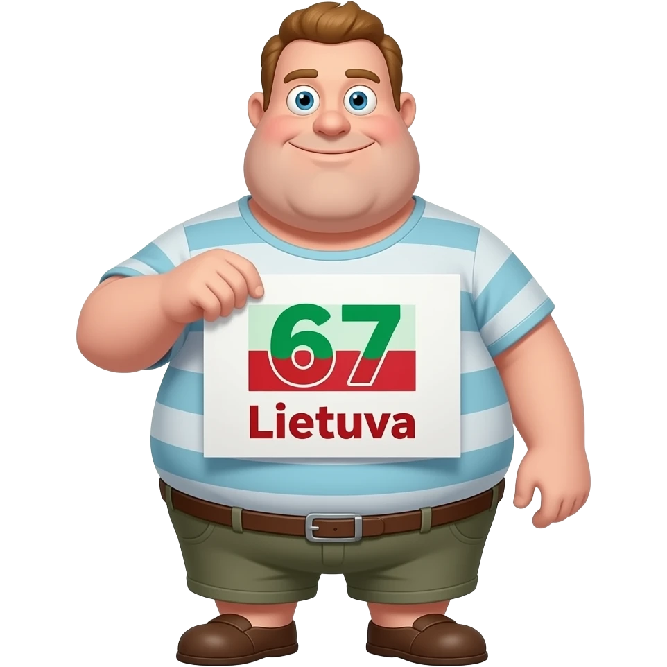 Peter griffin cartoon style fat holding up a sign saying, “67 Lietuva” emoji