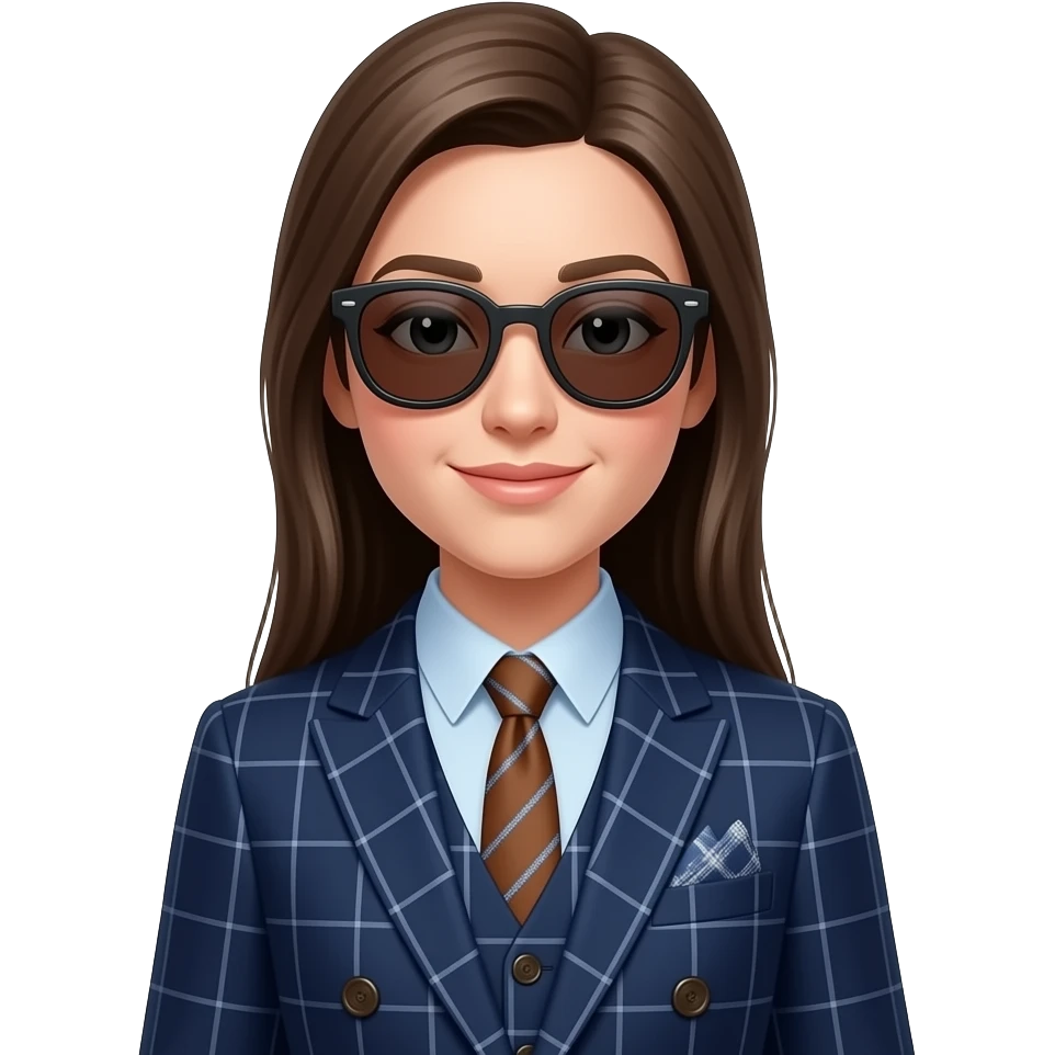 A medium shot captures a young woman with long, straight brown hair and sunglasses. She is wearing a stylish navy blue plaid suit with a double-breasted jacket, a vest, and a light blue dress shirt. A brown tie with a subtle pattern and a patterned pocket square complete her sophisticated attire. emoji