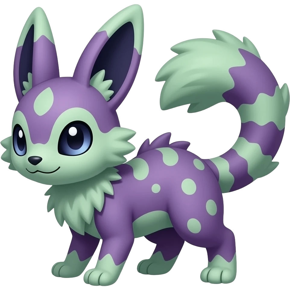 Purplish reddish greenish Furret-Amaura-Shaymin-Rattata-Aurorus-Vaporeon-Litten-Cat-Rabbit-Bat-Fakémon-hybrid with a chameleon tail emoji