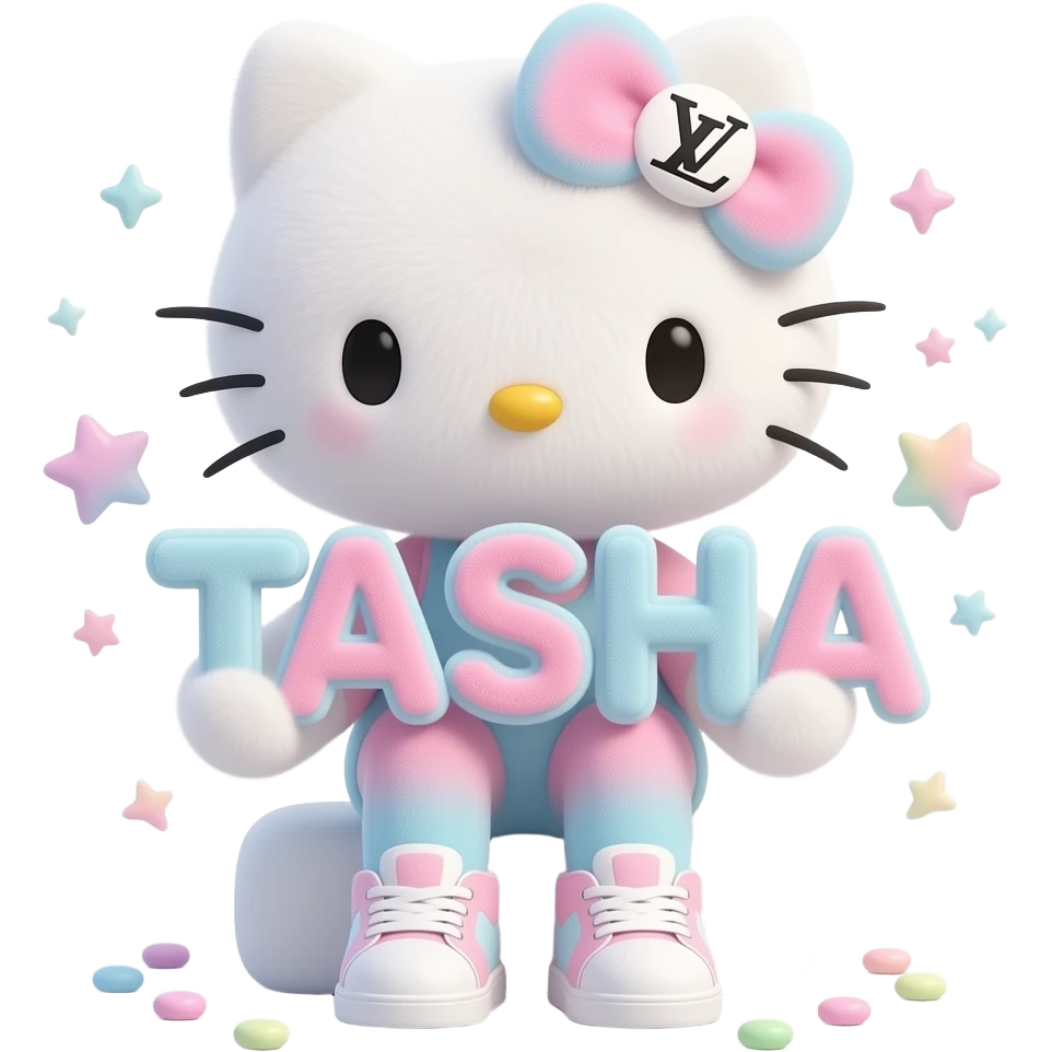 4D Velvety fur texture hello kitty wearing ombre white and blue and pink ombre pastel colored leggings and sneakers, and with the Louis Vuitton symbol on her ombre pastel bow sitting down holding the velvety 3D outlined letters TASHA and surrounded with tiny ombre pastel stars made of candy emoji
