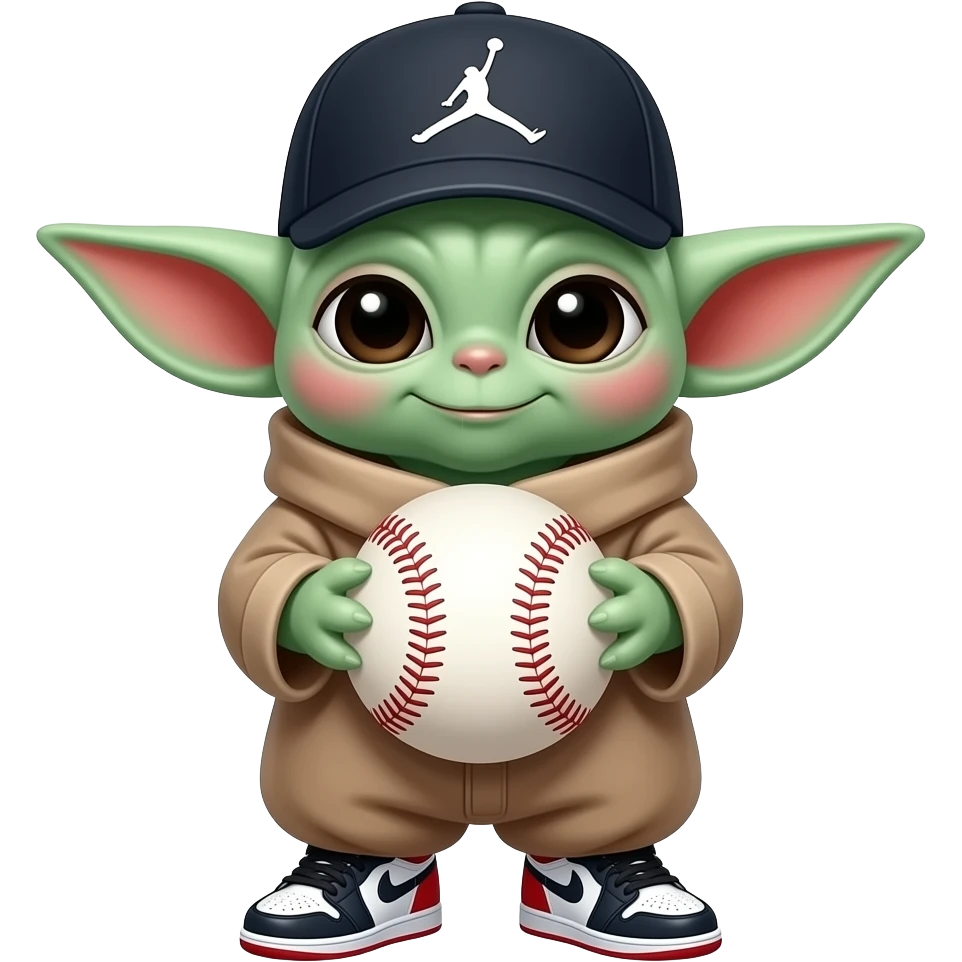 baby yoda with hat and jordan 1 on feet grab baseball emoji