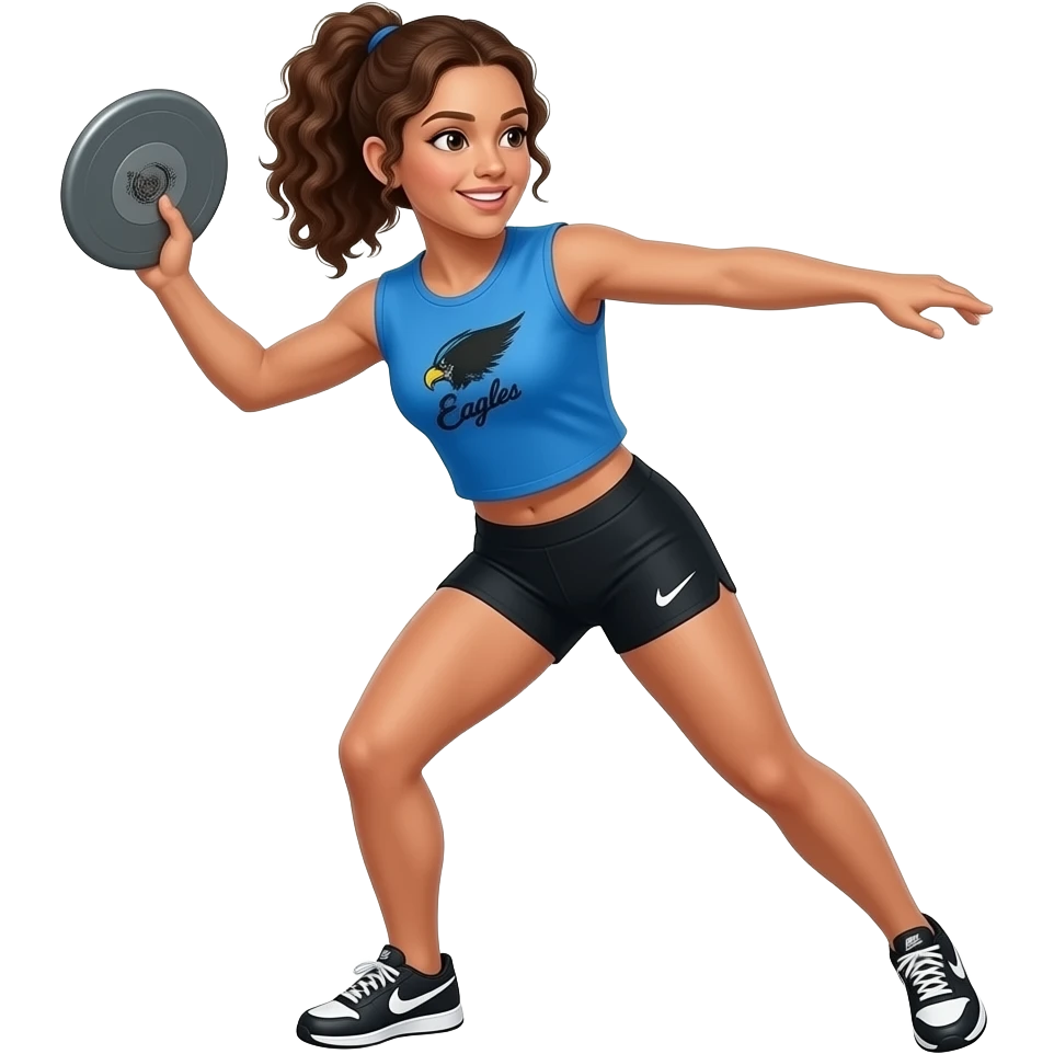 Mexican girl with brown curly hair in a ponytaily, wearing a track clothing thwoing a discus, with school colors of blue black and white that says eagles on the front in black, the shirt is a blue T-shirt with no sleeves  is blue, and the pants are black Nike shorts with black and white Nike shoes emoji