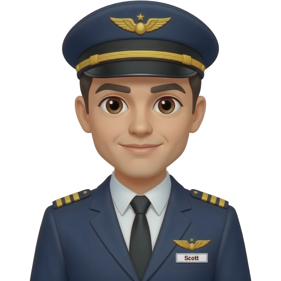Full body Pilot w blazer Black hair white skin brown eyes with hat and name badge under wing badge “Scott” emoji
