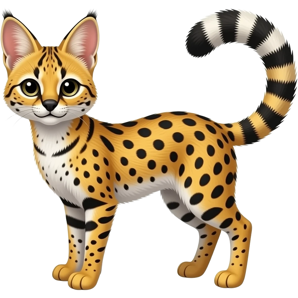 Lanky slender beautiful elegant spotted hype-realistic, black-maned, vibrant yellow Genet-Serval-Civet-fusion-hybrid-furry-fursona, full body, with a long puffy fluffy black-and-white-striped tail emoji