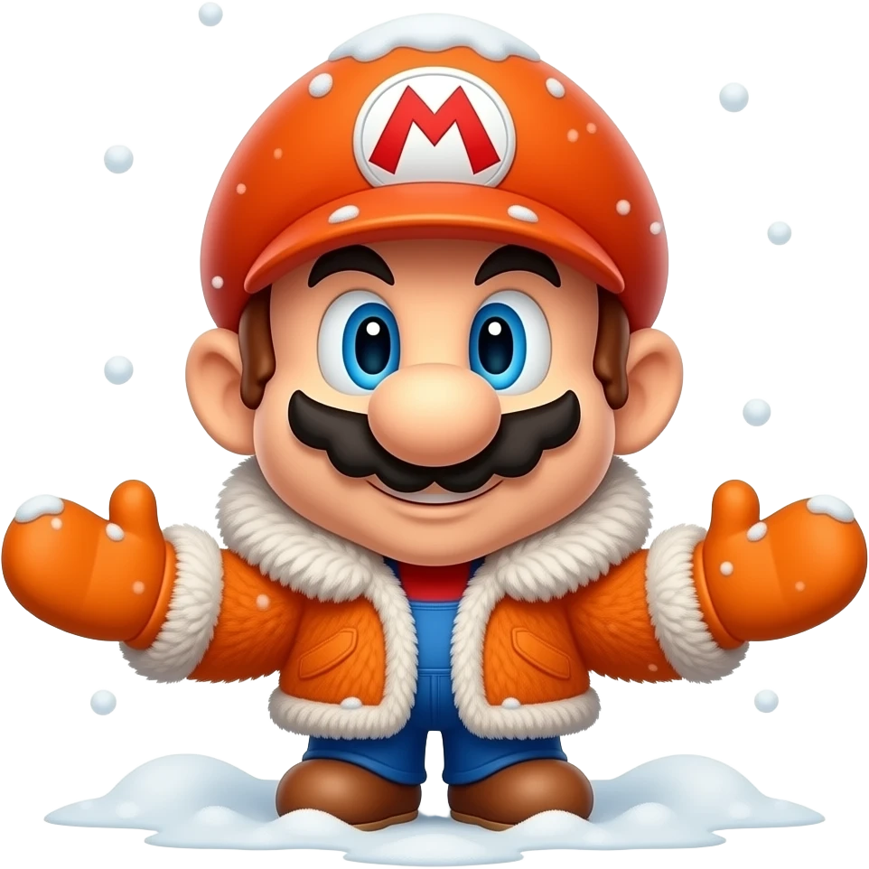 chibi mario wearing fur coat and mittens in snow emoji | AI Emoji Generator