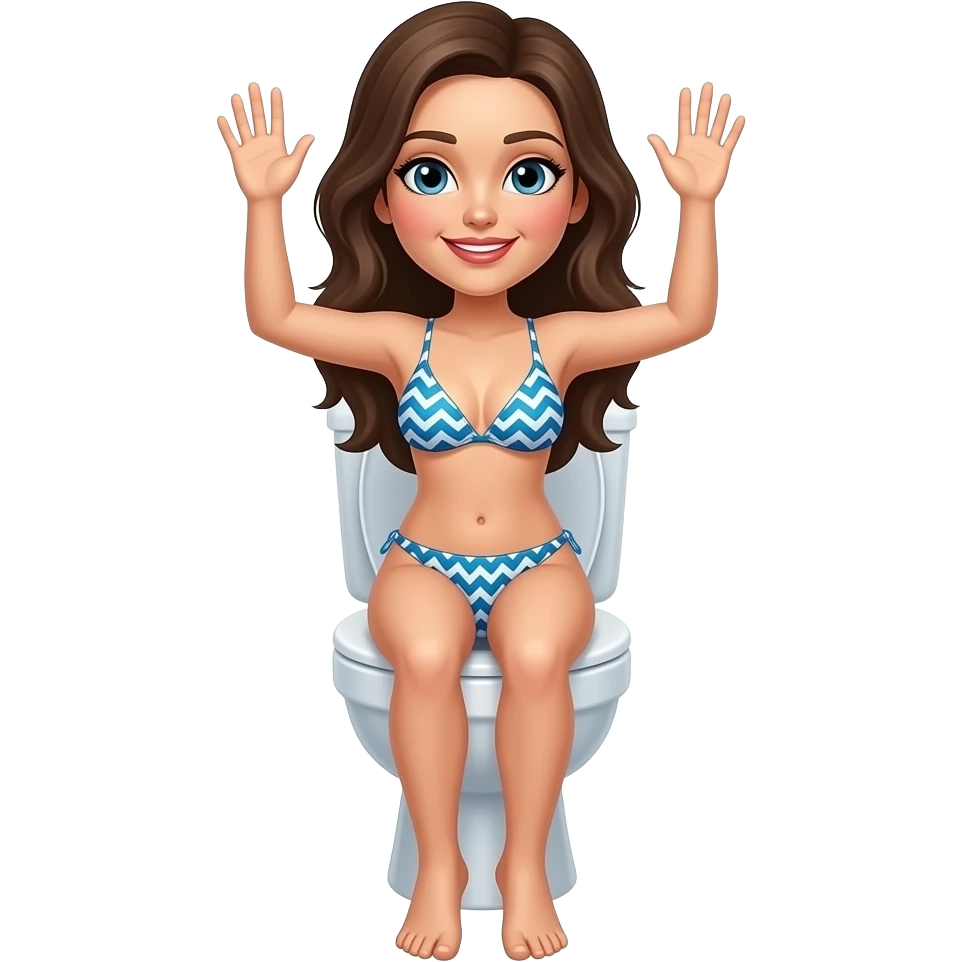 Woman, in 2 piece swimsuit, wearing only top, on toilet, hands up emoji