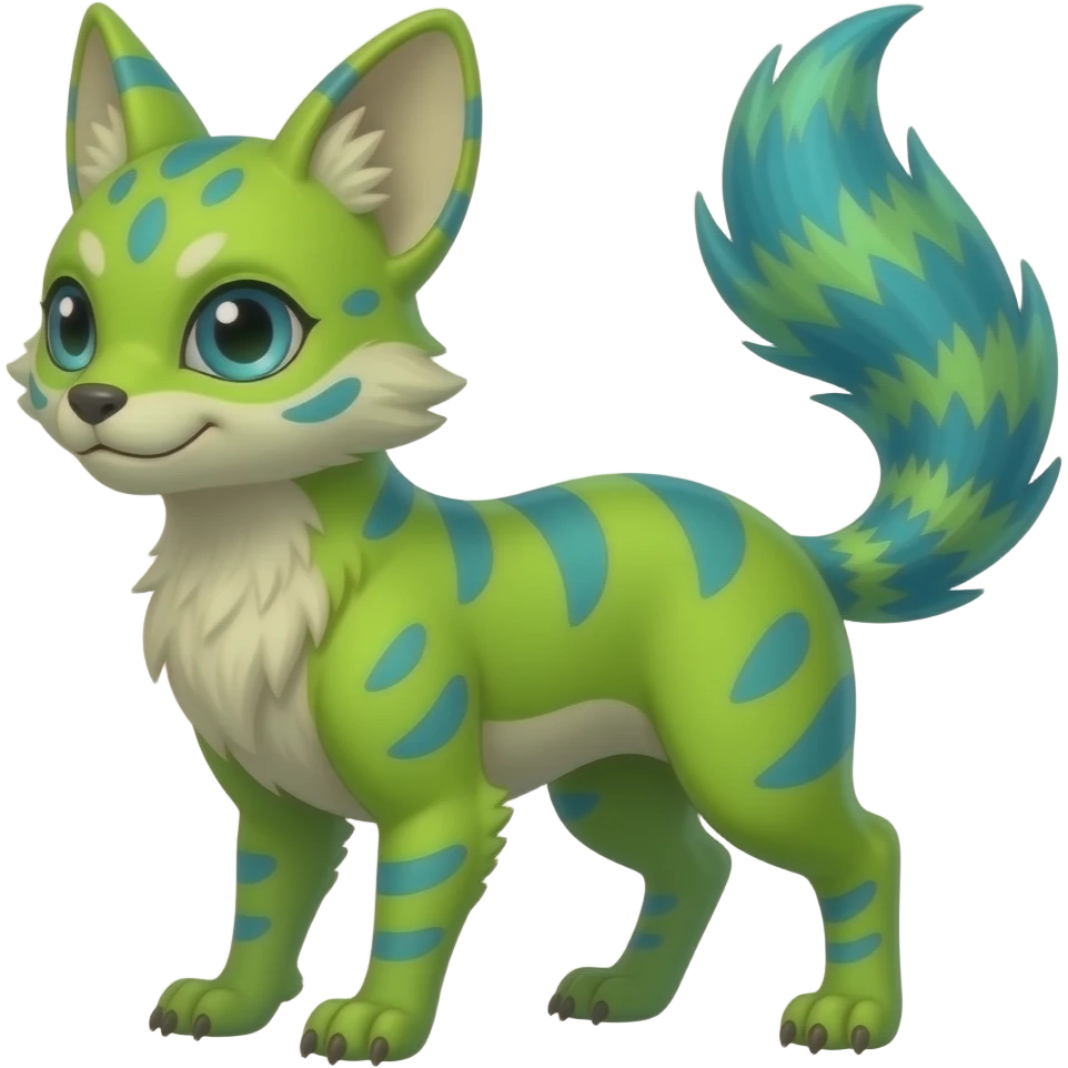 Feral Rare Fantasy vibrant tropical exotic neon-lime green and cyan Vernid-Trico-species-creature by LiLaiRa, random markings, tufted tail, tufted ears, full body emoji