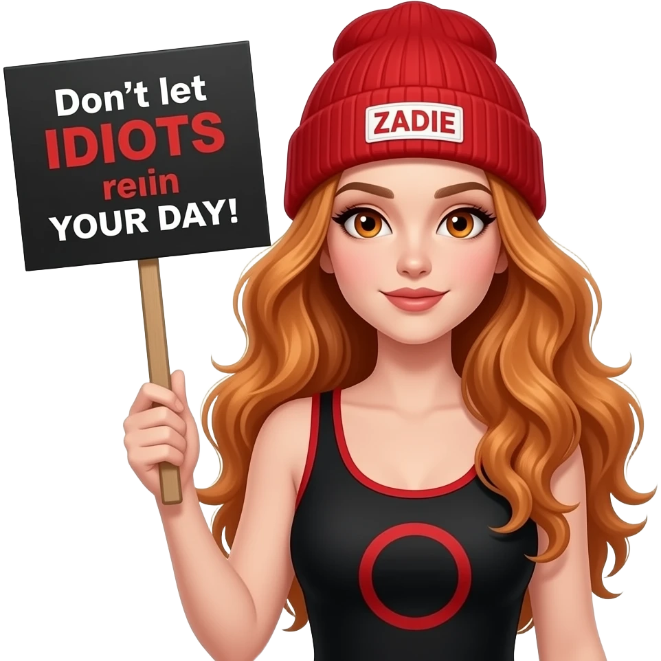 sexy girl with overlong wavy ginger hair and ginger eyes wearing a black red tanktop and a red beanie with ZADIE written on it, is holding a black sign with Don't let IDIOTS ruin YOUR DAY! written on it emoji