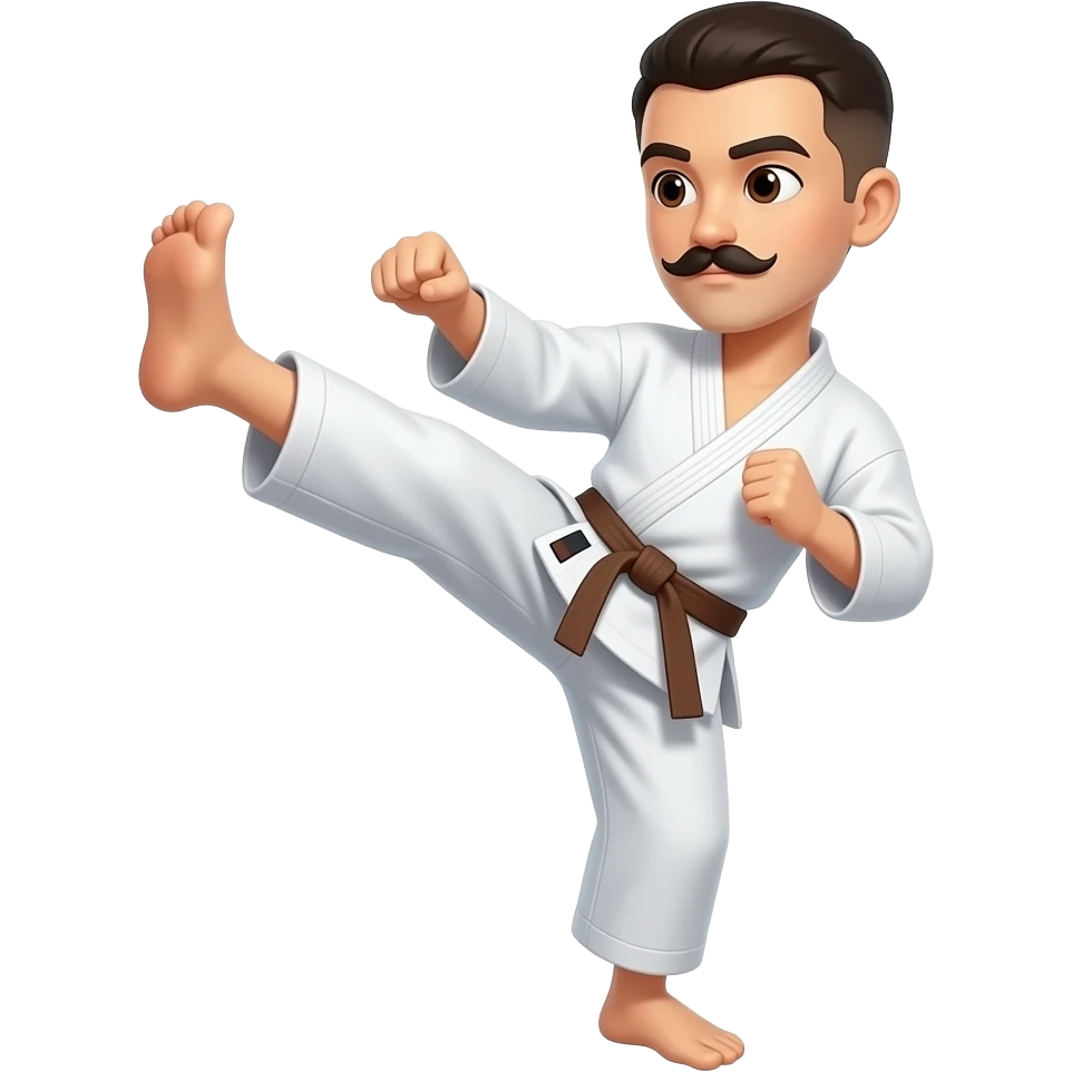 No beard Short with fu manchu mustache doing a karate kick and brown eyes and Brown Belt emoji