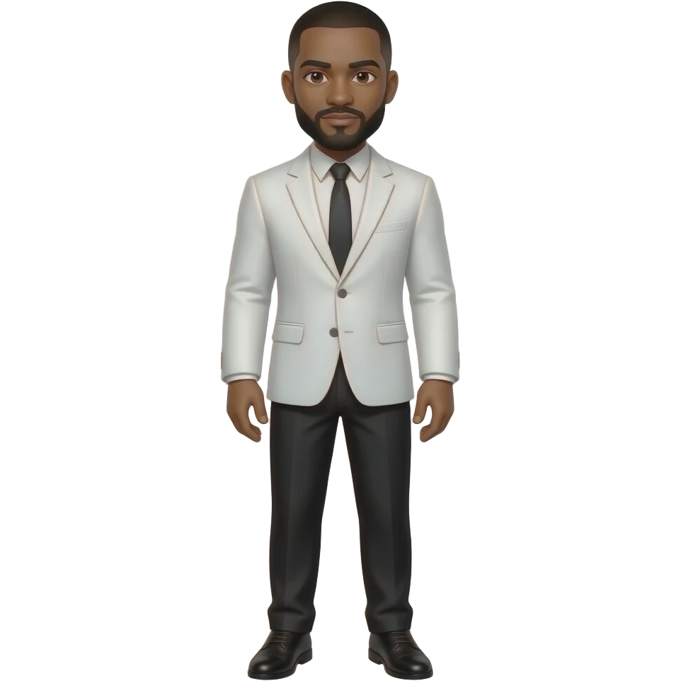 A white man with a black shaved short hair, black stubble beard, long sleeve white suit with a black tie, black pants with black shoes, emoji
