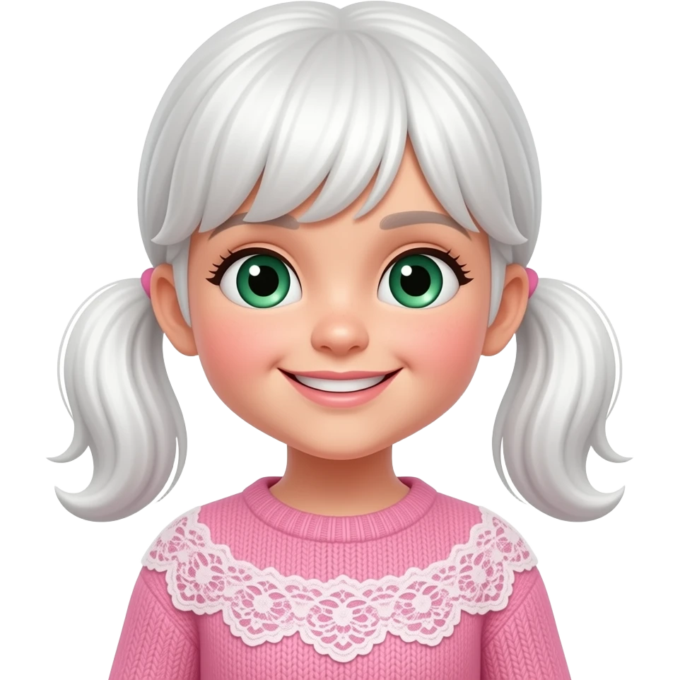 Half body emoji of a small girl with white hair in two low ponytails on her sides, green eyes, smiling, in pink sweater with laces emoji