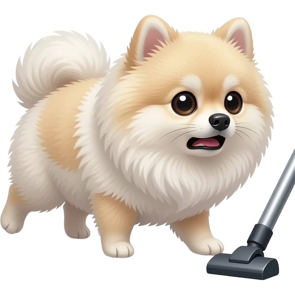 The Pomeranian runs away in fear at the sound of the vacuum cleaner. emoji