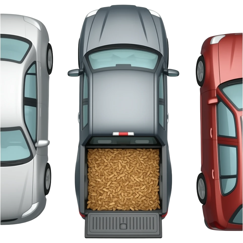 Gray F150 with full of bark chips in the back upside down in between two other cars emoji