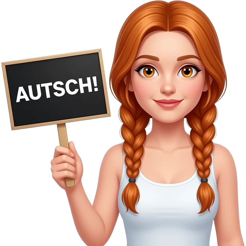 sexy girl with long ginger braids and ginger eyes wearing a white tanktop is holding a black sign with AUTSCH! written on it emoji