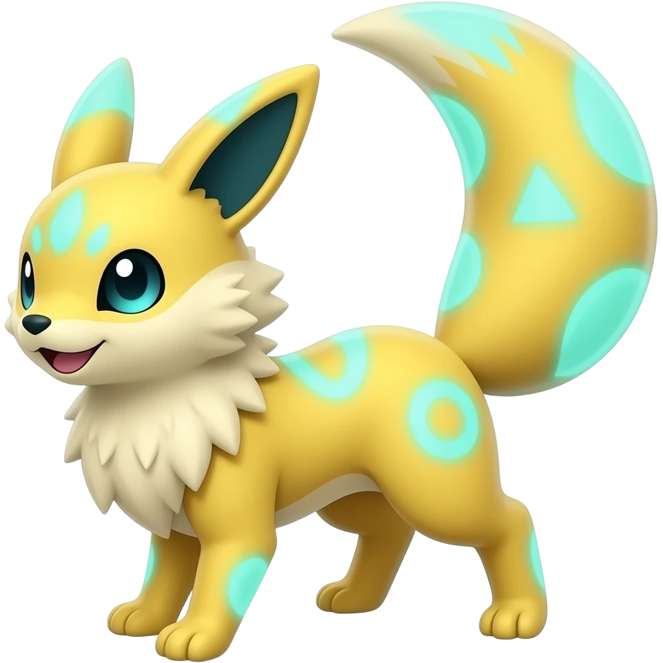 Yellow Renamon-Zeraora-Fennekin-Manectric-Vaporeon-Fakémon-hybrid with glowing neon cyan markings emoji