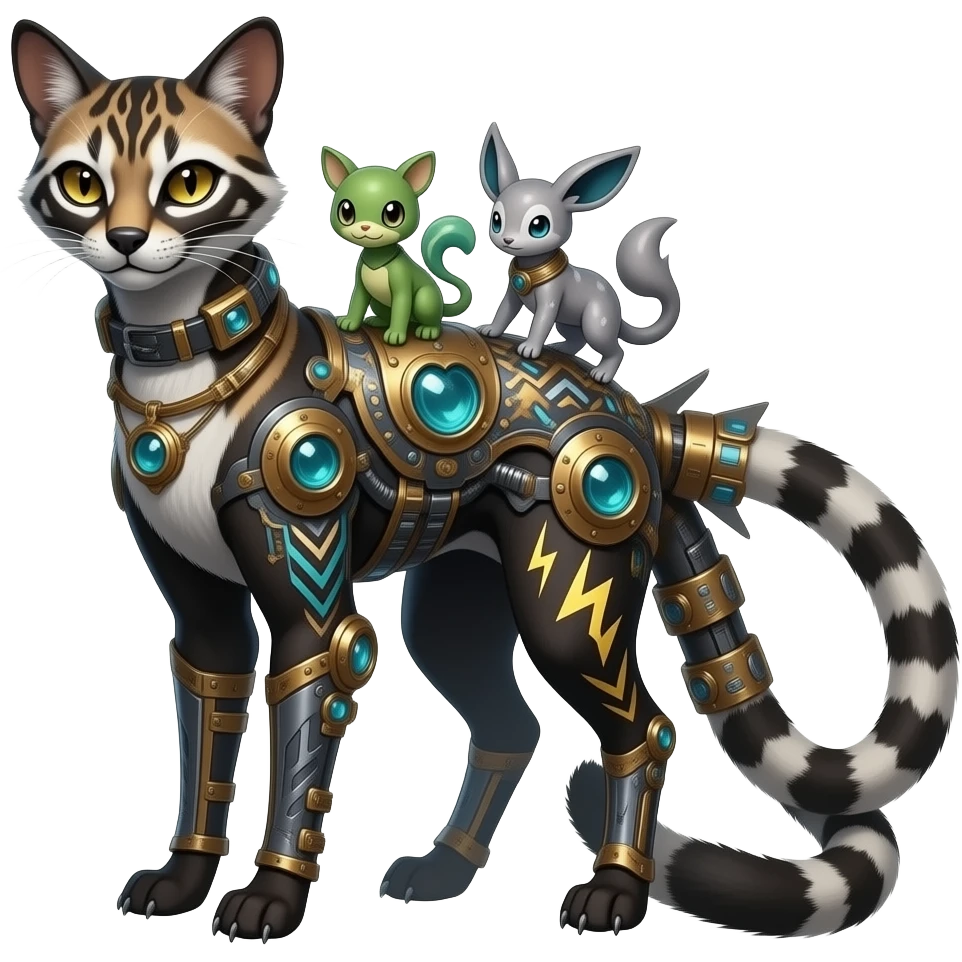 scaly spunky gothic Realistic tall slim unique original shiny edgy cool steampunk-cyberpunk-solarpunk-fantasy-Civet-Absol-Sprigatito-Vaporeon-Fakémon-hybrid with tribal chevron heart floral lightning bolt strikes damask paisley markings emoji