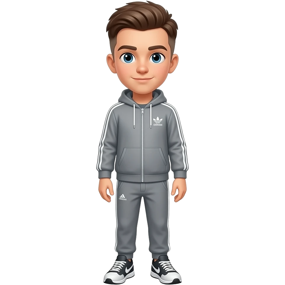 Est-ce que tu peux faire une personne de à peu près 13 ans avec une sorte de mono sourcils et une coupe champignons avec un survêtement Adidas gris et des chaussures acis Comment on écrit emoji